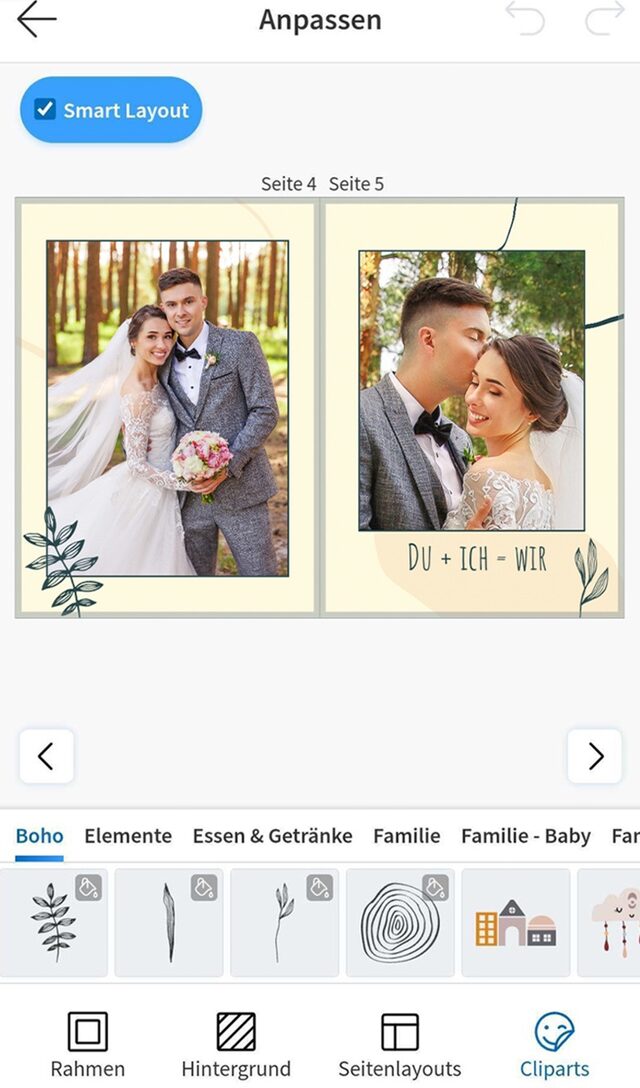 Screenshot der HappyFoto smart moments App: Fotobuch-Seiten im Editor anpassen